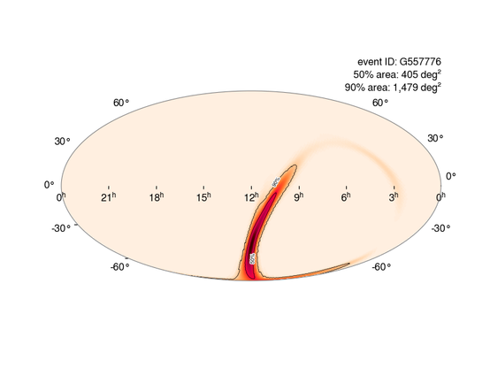 Map of the entire sky in an elliptical area. Orange areas show the parts of the sky from which the gravitational wave most likely came. A large orange, ring-shaped area is visible below and to the right of the center.