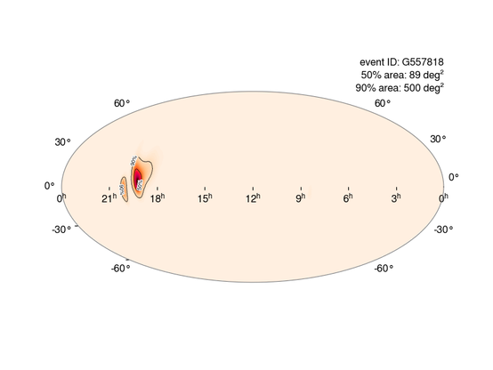 Map of the entire sky in an elliptical area. Orange areas show the parts of the sky from which the gravitational wave most likely came. An orange spot divided into two parts is visible near the left edge.