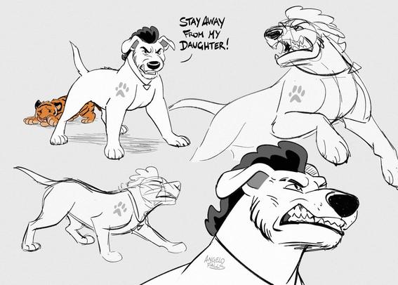 A sketch page of Angelo, a feral pitador dog in various poses with a furrowed brow and bared teeth expression. Top left shows a tiger cub cowering behind Angelo's legs. Dialogue text: "Stay away from my daughter!"