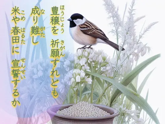 «Generated by LeonardoDiffusion, Edit in CapCut »
Alt-TXT: A sketchy illustration of a sparrow perched on a bunch of white flowers. Beneath the flowers is a brown bowl filled with grains of rice. In the background is a tall green grass-like plant.

On the left side of the image is a tanka poem written in Japanese that reads, "Despite prayers for good harvests, Japan's food self-sufficiency rate remains low. Even if the rice god promises a good harvest for the rice fields in spring, nothing will change."