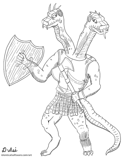 Two headed lizardfolk carrying a shield and battle axe.