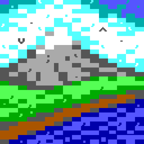 Drawn with a combination of text and block characters at an extremely low resolution, we bear witness to a mountain with a leftover snow cap on a pleasant day with birds flying through the air. It overlooks the thick brush of a forest next to a lively lake.