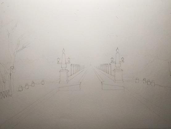 Dessin en cours en perspective de la vue d'ensemble du pont-canal de Briare.