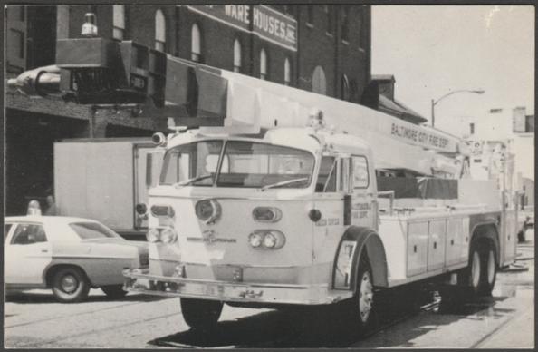 Printed monochrome postcard showing a view of Water Tower No 1, a 1973 Areo Chief 96ft Snorkel of the Baltimore City Fire Department.
Published by Koerber Post Card Co, No FF-97.
Postally unused.
Very good condition, with very slight corner bumps.