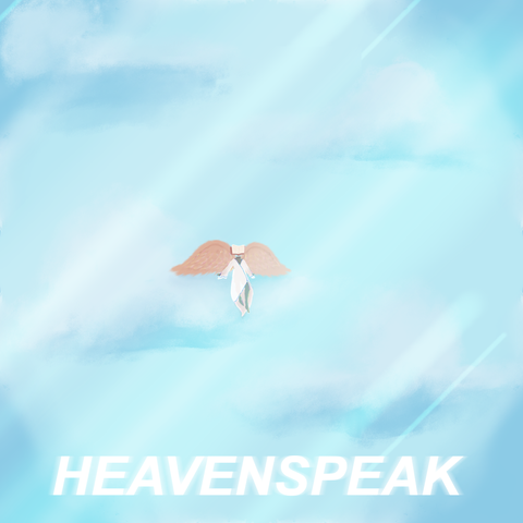 A digital painting of an angel with amber wings, dark skin, and a book for a head sitting on a cloud comfortably. Rays of sunlight pass through the image. The bottom text reads, "HEAVENSPEAK" (Heaven-speak or Heavens-peak). The image feels very gentle and dreamlike.