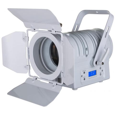 A professional lighting fixture with a cylindrical body, featuring barn doors and a control panel. The fixture is designed for use in photography or videography.