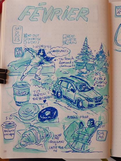 Photo of a journal page with drawings. At the top it says February. First of February : various drawing of the author waking out of bed suddenly to get croissants, she is driving thought the snowy woods in a subaru forester, gets Tim Horton's and croissants and coffee, then she plays PTCGP in a rocking chair wrapped in a blanket