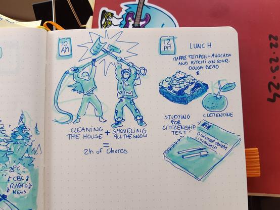 Photo of a journal page with drawings: two people are crossing a vacuum cleaner and a snow shovel ready to do chores. Sketch of lunch: maple tempeh on sourdough bread with avocado and Kimchi, sketch of the citizenship booklet.