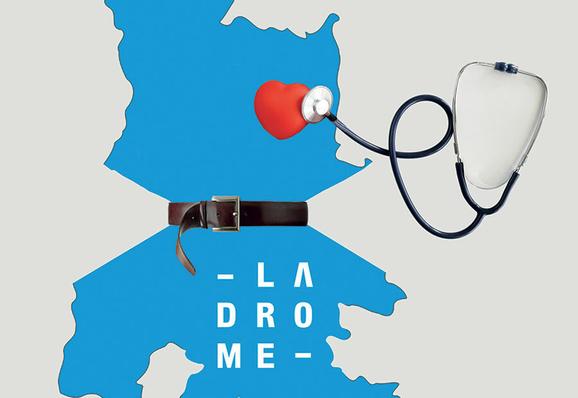 Photomontage où les limites administratives du département de la Drôme sont ceinturées. Le logo du conseil départemental est intégré à l’image. Un stéthoscope écoute le cœur du département.