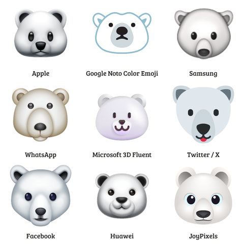 Polar Bear emoji designs from Apple, Google, Samsung, WhatsApp, Microsoft, X (Twitter), Facebook, Huawei and JoyPixels.