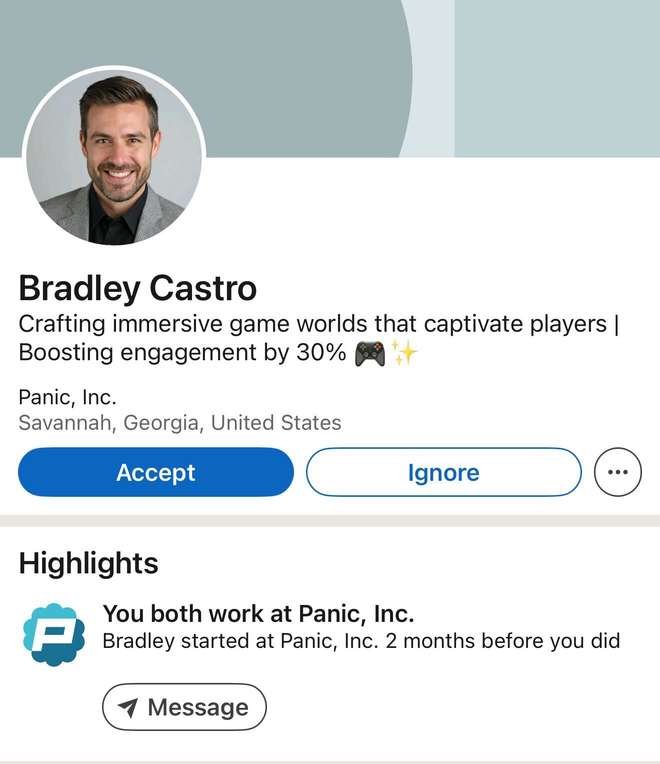 A Linkedin profile for a "Bradley Castro" who says he's "Crafting immersive game worlds that captivate players" at "Panic, Inc".