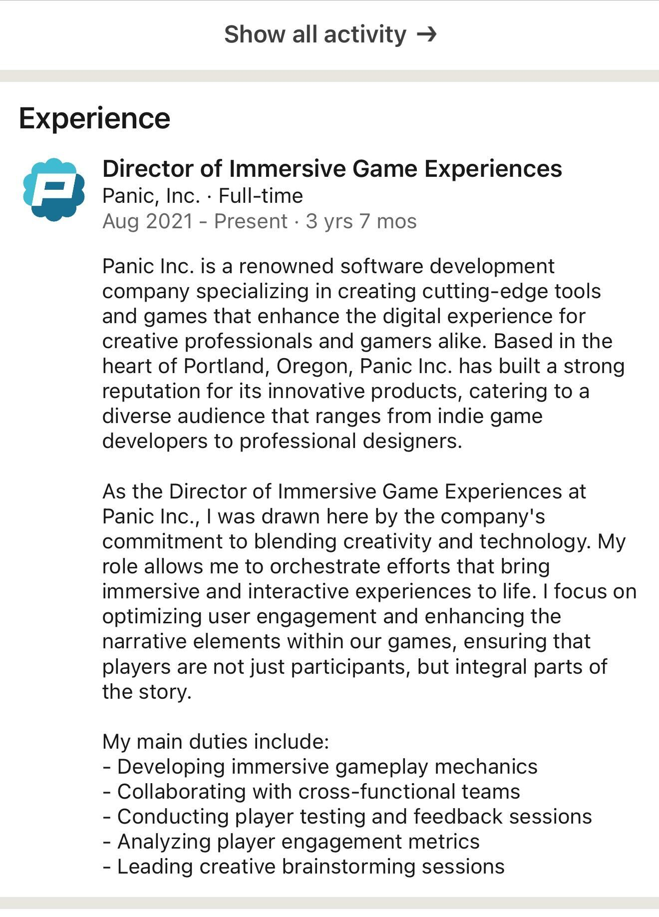 Bradley says he is the "Director of Immersive Game Experiences" (there is no such thing), and has a lot to say about Panic. Or, more specifically, an AI generated a lot of text about Panic.