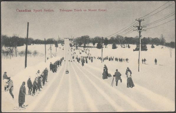 Printed monochrome postcard with red lettering showing a view of the toboggan track on Mount Royal in Montreal, Quebec, Canada.
Published by the Montreal Import Co, Montreal, No 315, c.1910.
Postally unused.
Very good condition, with very slight corner bumps.