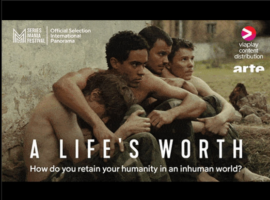 Affiche Viaplay + Arte faisant la promo de la mini série A life's worth, présenté au festival série mania. 

4 soldats torse nu (Edvin Ryding le plus à droite) assis par terre, l'air apeurés. Vu l'intrigue, ils sont probablement prisonniers de guerre.


Slogan "How do you retain your humanity in a inhuman word".