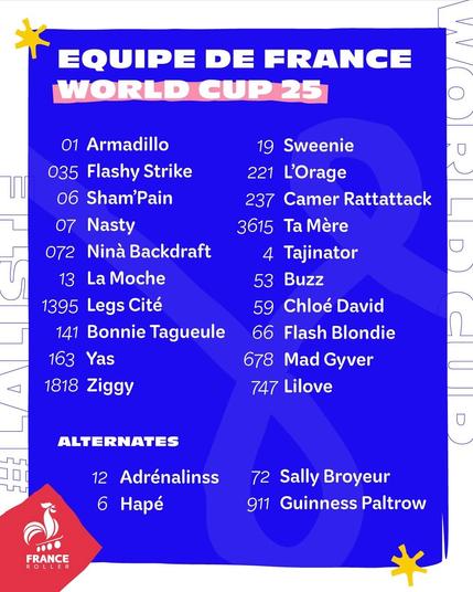Liste des joueur·euses de l'équipe de France pour la World Cup 25. Visuel sur fond bleu avec écriture blanche et accents rose et rouge.

01 Armadillo
035 Flashy Strike
06 Sham'Pain
07 Nasty
072 Ninà Backdraft
13 La Moche
1395 Legs Cité
141 Bonnie Tagueule
163 Yas
1818 Ziggy
19 Sweenie
221 L'Orange
237 Camer Rattattack
3615 Ta Mère
4 Tatakinator
53 Buzz
59 Cholé David
66 Flash Blondie
678 Mad Gyver
747 Lilove

Alternates
12 Adrénalinss
6 Hapé
72 Sally Broyeur
911 Guiness Paltrow