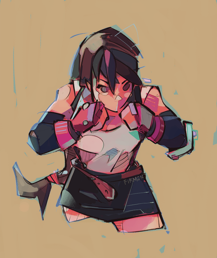 Final Fantasy 7’s Tifa Lockhart hunches behind raised fists with a determined and ready focus.  She is in her original outfit; which consists of a white tanktop, black arm sleeves, red gloves, a lone metallic elbow pad, and black miniskirt held up with suspenders AND a belt. Her long brown hair converges behind her into a red band, from which sprouts two points of hair-ends.