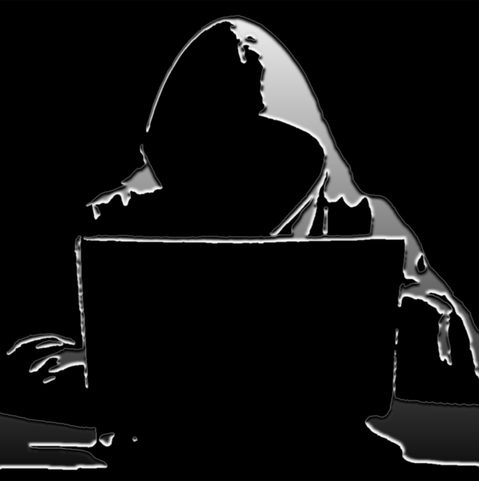 Image is black and grey, almost like shaded line-art. A shadowy figure in a hooded cloak is typing in front of the outline of a monitor. Meant to convery the notion of "Shadow IT."