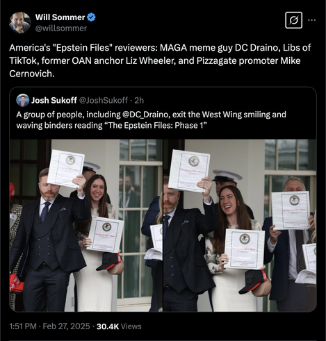 @WillSommer 
America's "Epstein Files" reviewers: MAGA meme guy DC Draino, Libs of TikTok, former OAN anchor Liz Wheeler, and Pizzagate promoter Mike Cernovich.