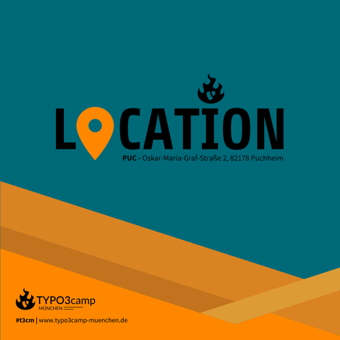 Das Wort "Location" wird auf dem Bild in modernem Stil dargestellt. Hierbei ist das "o" ein Positionsmarker. Die Adresse: PUC, Oskar-Maria-Graf-Straße 2, 82178 Puchheim