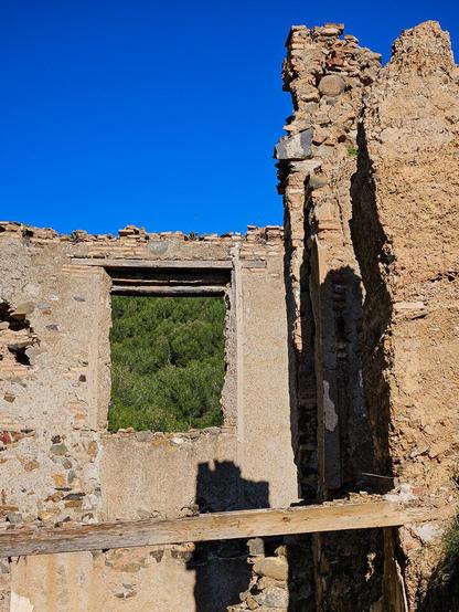 Walls of a house in ruins, with one large window giving a view of forested hills
