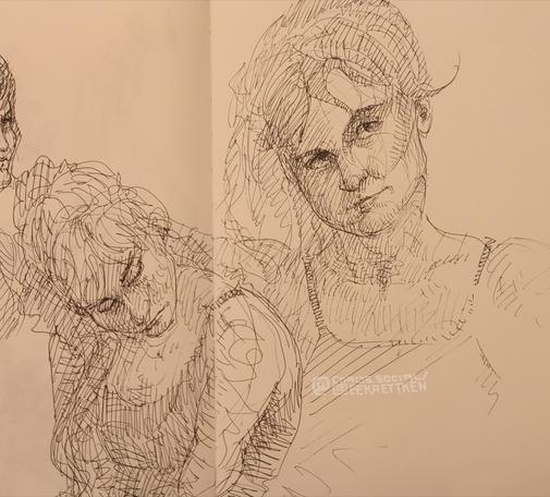Black Fineliner on paper

Two portrait sketches of a person with long, slightly curly hair, wearing a dark top. One sketch looking down seen from the side, the other looking up in frontview.