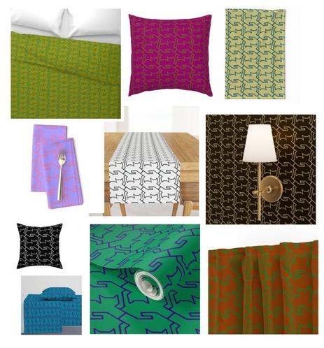 a collage of various home decor items featuring a repeating geometric pattern. The items include a green bedspread with a yellow and black pattern, a magenta throw pillow with a pink and black pattern, a beige towel with a green and black pattern, a pair of lavender napkins with a red and black pattern, a white table runner with a black pattern, a black wallpaper with a gold pattern behind a wall lamp, a black throw pillow with a white pattern, a blue bedspread with a green and black pattern, a roll of green wallpaper with a blue and black pattern, and a brown curtain with a green and black pattern. Each item showcases the same geometric design in different color combinations, highlighting the versatility of the pattern in various home decor applications.