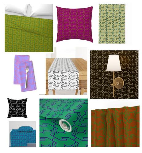 a collage of various home decor items featuring a repeating geometric pattern. The items include a green bedspread with a yellow and black pattern, a magenta throw pillow with a pink and black pattern, a beige towel with a green and black pattern, a pair of lavender napkins with a red and black pattern, a white table runner with a black pattern, a black wallpaper with a gold pattern behind a wall lamp, a black throw pillow with a white pattern, a blue bedspread with a green and black pattern, a roll of green wallpaper with a blue and black pattern, and a brown curtain with a green and black pattern. Each item showcases the same geometric design in different color combinations, highlighting the versatility of the pattern in various home decor applications.