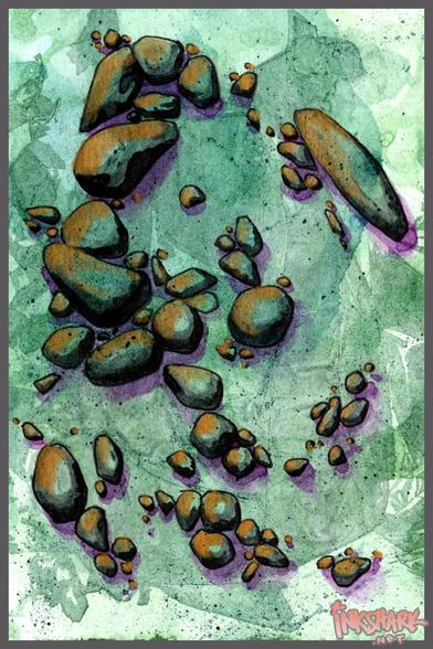 A painting with a solemn, abstract greenish background and black, kinda comicbooky outlines of riverworn stones, each painted with gold ink where the light hits them and casting impossible violet shadows.