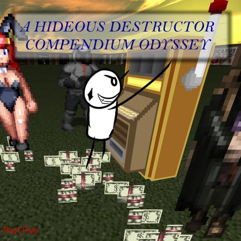Jester is shaking a slot machine violently to make the money drop out of it, while 2 merchants watch and a bulldozer closes in to intervene