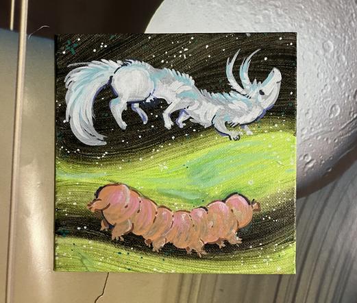 a small square canvas painting. bright green and black whirl with stars as a background. arcing on the bottom is a tardigrade - the microscopic organism known as a water bear. it does resemble a funny bald bear with a squished in face and many many sets of its limbs. above arcs the critter i made up as an alien as a tween, the nikitak. a fluffy antennea'd mammal with extra limbs that feels remarkably tardigrade inspired but i dont recall learning abt them til much later in life!!! whatever i had fun painting it i hope someone wants to give it a home