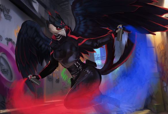 Swallow dressed in leathery black spray paining in an alleyway of a city