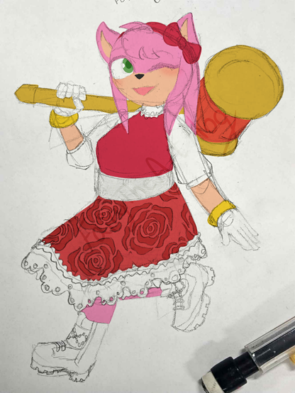 Amy wearing a dress with a solid red bodice and a rose-patterned skirt hemmed with lace. She poses with her hammer over her shoulder, winking at the viewer.