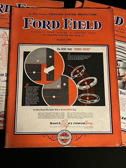 A stack of vintage Ford Field advertising magazines from 1946.