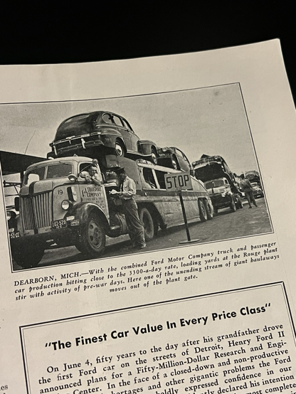 An article from 1946 describing the 3,300 vehicle, daily Ford production numbers, post-war from Ford Field magazine.