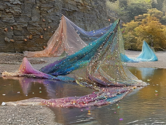 Abandoned glamping site of beautiful gauzy sequined colorful fabric, badly arranged over tent poles, failing to be a shelter,  and trailing on a stony shore and in the water of a peaceful stream by the base of a cliff.