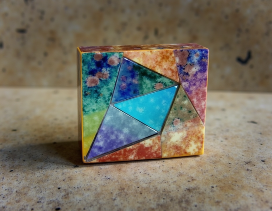 Polished fitted geometric slices of colorful minerals create a tiny mosaic-style block, sitting on a neutral background of composite stone.