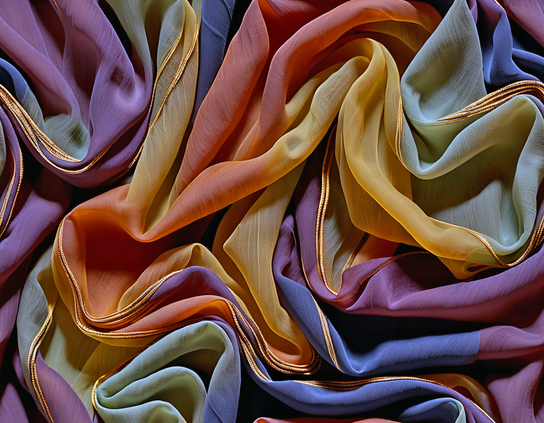 A casually tossed pile of imaginary colorful, sheer fabric with a few gold stripes.