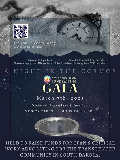 A dark blue poster overseen by a stopwatch dropped in the sand includes the text, “A Night in the Cosmos, 3rd Annual TPAN Fundraising Gala, March 7th, 2025… Monick Yards Sioux Falls, SD…”