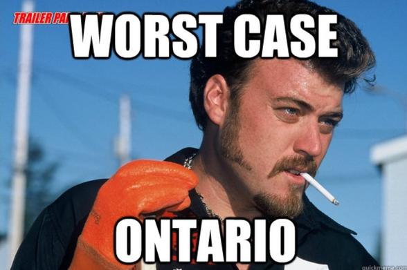 A meme photo of Ricky from the Trailer Park Boys smoking a cigarettte with a caption that reads 'Worst Case Ontario'