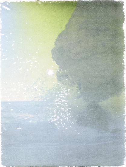 A polaroid transfer onto Arches Platine paper showing a large rock on the right, splashing water in the middle and a seemingly calm shoreline at the bottom. Not mounted