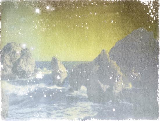 Fuji polaroid transfer onto Arches platine paper, showing famous rock formations at the southern coast of Portugal. Not mounted