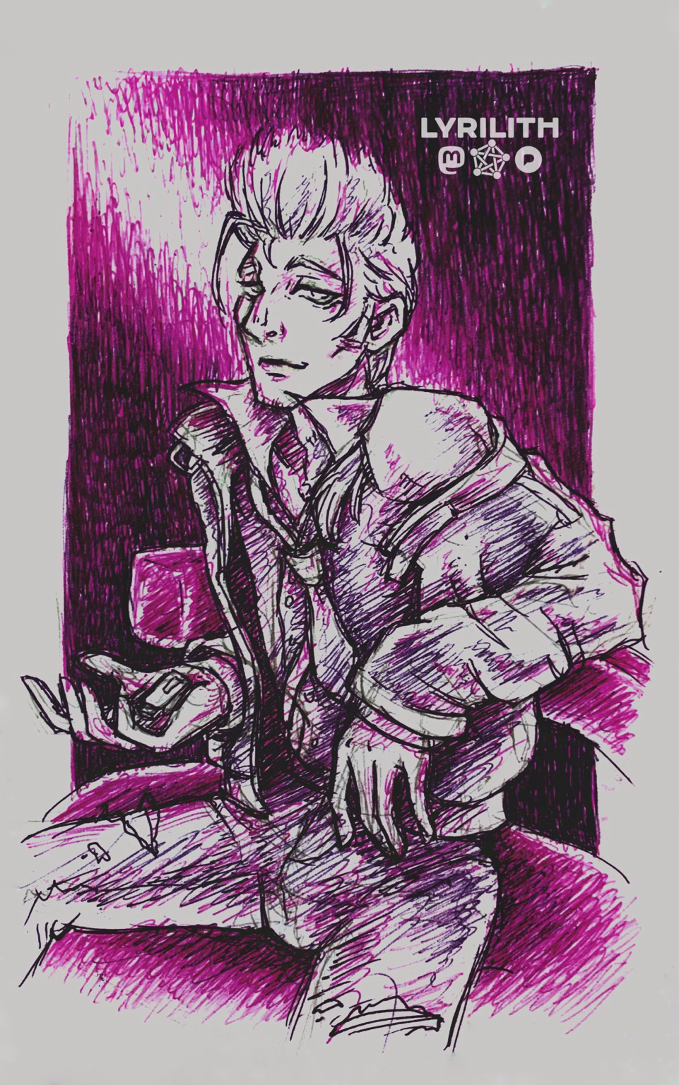 Pink and black pen sketch of a slender young man sitting on a sofa in a club. His elbows are resting on the edge of the sofa behind him, his jacket sliding off his left shoulder. The top buttons of his shirt are open, the collar popped up and a tie hanging loosely around his neck. In his right hand he‘s holding a USB stick. His droopy eyes gazing sideways towards the viewer, a slight grin on his lips.