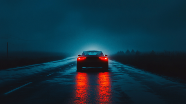 Virée Nocturne
Une voiture solitaire roule sur une route humide sous une lumière bleutée, ses feux arrière rouges créant un contraste saisissant dans l'obscurité.
A lone car drives on a wet road under a bluish light, its red taillights creating a striking contrast in the darkness.