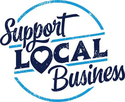 A stylized version of the phrase "Support Local Business". The design is a cerulean blue circle with the centered words being more of a navy. The O in "local" looks like the location indicator on Google Maps (an upside down teardrop) but with the circle in the center in the shape of a heart.