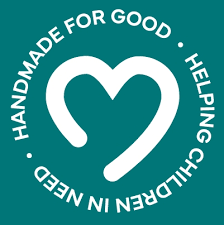 A variation of the goimagine logo: the phrases "handmade for good" and "helping children in need" arcing around a heart in the center. The design is white on a teal background.