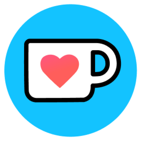 The Ko-fi (pronounced like coffee) logo: a black outlined white coffee mug with a pink heart at the center. The mug is in the middle of a blue circle.