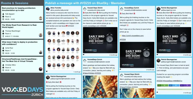This image is a screenshot of the social media wall with the newly designed theme. On the left, narrow side, you can see the conference agenda with information about current and upcoming presentations (room, title, speaker). On the right, wider side, various posts from different social media networks are displayed, some with photos. At the bottom left is the conference logo with the words “Voxxed Days”. The color scheme contains grey and blue elements.