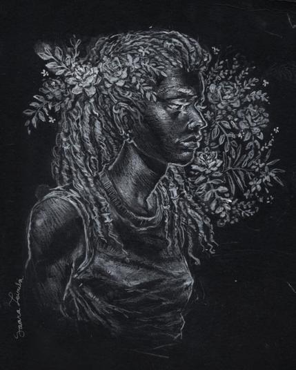 Drawing of a black woman with dreadlocks and flower decorations