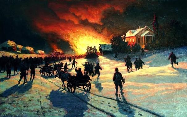 "Fire" by Efim Volkov. A crowd of startled people standing in front of a large fire in a village.