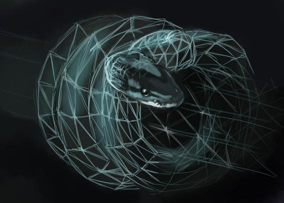 Digital painting of snake with wireframe body